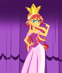 Size: 1088x1271 | Tagged: safe, alternate version, artist:ignoto_delta, sunset shimmer, human, equestria girls, g4, my little pony equestria girls, clothes, crown, curtains, dress, female, freckles, jewelry, looking at you, regalia, scene interpretation, sinister smile, smiling, smiling at you, solo