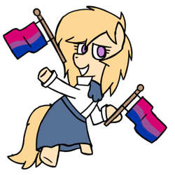 Size: 1000x1000 | Tagged: safe, artist:symphonydawn3, oc, oc only, oc:jackie spectre, earth pony, pony, bisexual pride flag, clothes, commission, earth pony oc, female, flag, floating, grin, lgbt, mare, pride, pride flag, pride month, simple background, smiling, solo, white background, ych result