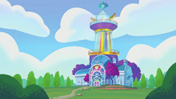 Size: 1771x997 | Tagged: dead source, safe, g5, my little pony: tell your tale, official, background, cloud, crystal brighthouse, maretime bay, no pony, scenery, sky, tree