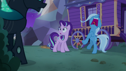 Size: 1280x720 | Tagged: safe, screencap, starlight glimmer, thorax, trixie, changeling, pony, unicorn, g4, season 6, to where and back again, 1080p, ears back, female, freakout, frightened, frown, hoofy-kicks, insect wings, male, mare, mawshot, night, nose in the air, open mouth, panic, raised leg, scared, screaming, shadow, standing on two hooves, stars, tongue out, trio, trixie's wagon, uvula, volumetric mouth, wagon, wings