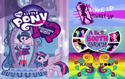 Size: 1484x936 | Tagged: safe, edit, edited screencap, editor:incredibubbleirishguy, screencap, applejack, fluttershy, pinkie pie, rainbow dash, rarity, twilight sparkle, alicorn, human, a photo booth story, equestria girls, g4, make up shake up, my little pony equestria girls, my little pony equestria girls: summertime shorts, raise this roof, can, mirror, poster, silhouette, title card, twilight sparkle (alicorn)