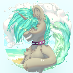 Size: 2500x2500 | Tagged: safe, artist:medkit, oc, oc only, oc:jester jackpot, pony, unicorn, accessory, adam's apple, beach, blue mane, breeze, bust, chest fluff, choker, cloud, colored eyebrows, colored eyelashes, colored hooves, colored lineart, colored pupils, complex background, day, ear fluff, ears up, eye clipping through hair, eyebrows, eyebrows down, eyebrows visible through hair, fluffy, freckles, glare, gradient background, gray coat, green eyes, gritted teeth, hair over one eye, heart shaped, high res, hoof fluff, hoof frecles, horizon, horn, horseshoes, icon, looking at you, male, multicolored mane, ocean, one eye closed, original art, paint tool sai 2, pony oc, portrait, raised hoof, sand, sea foam, short mane, shoulder fluff, sky, smiling, solo, speedpaint, speedpaint available, spiked choker, splashes, stallion, sternocleidomastoid, striped mane, summer, sunlight, teeth, three quarter view, two toned coat, two toned mane, unicorn oc, wall of tags, water, wave, wink