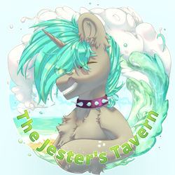 Size: 2500x2500 | Tagged: safe, alternate version, artist:medkit, oc, oc only, oc:jester jackpot, pony, unicorn, accessory, adam's apple, beach, blue mane, breeze, bust, chest fluff, choker, cloud, colored eyebrows, colored eyelashes, colored hooves, colored lineart, colored pupils, complex background, day, ear fluff, ears up, english, eye clipping through hair, eyebrows, eyebrows down, eyebrows visible through hair, fluffy, freckles, glare, gradient background, gray coat, green eyes, gritted teeth, hair over one eye, heart shaped, high res, hoof fluff, hoof frecles, horizon, horn, horseshoes, icon, looking at you, male, multicolored mane, ocean, one eye closed, paint tool sai 2, pony oc, portrait, raised hoof, sand, sea foam, short mane, shoulder fluff, sky, smiling, solo, speedpaint, speedpaint available, spiked choker, splashes, stallion, sternocleidomastoid, striped mane, summer, sunlight, teeth, text, three quarter view, title, two toned coat, two toned mane, unicorn oc, wall of tags, water, wave, wink