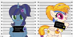 Size: 4048x2036 | Tagged: safe, artist:fourteennails, artist:savannah-london, golden feather, princess celestia, oc, oc:savannah london, pegasus, pony, unicorn, g4, barbie, barbie (film), barbie mugshot meme, base used, bracelet, canon x oc, disguise, duo, duo female, female, flower, flower in hair, folded wings, frown, high res, hoof hold, jewelry, lesbian, looking at you, mare, meme, mugshot, open mouth, open smile, savannahlestia, shipping, smiling, smiling at you, wings