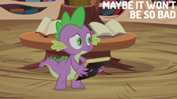 Size: 2000x1125 | Tagged: safe, edit, edited screencap, editor:quoterific, screencap, spike, dragon, g4, magical mystery cure, book, golden oaks library, solo
