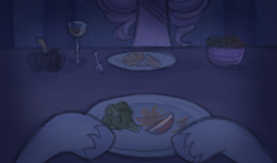 Size: 1125x662 | Tagged: safe, anonymous artist, part of a set, misty brightdawn, opaline arcana, alicorn, pony, unicorn, series:misty pov, g5, broccoli, comparison, depth of field, duo, food, fork, glass, herbivore, limited palette, offscreen character, opaline's dark castle, part of a series, plate, pov, shadowberry, table, unshorn fetlocks, wine glass