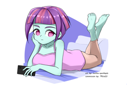 Size: 1600x1074 | Tagged: safe, artist:twilite-sparkleplz, sunny flare, human, equestria girls, g4, bare shoulders, barefoot, bed, breasts, busty sunny flare, cellphone, clothes, feet, female, no pupils, pajamas, pants, phone, pillow, simple background, sleeveless, smartphone, soles, solo, tank top, white background