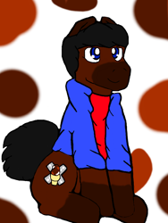 Size: 512x680 | Tagged: safe, artist:cavewolfphil, oc, oc only, oc:rocky roads, earth pony, pony, clothes, dots, jacket, male, sitting, smiling, solo, stallion