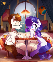 Size: 3669x4247 | Tagged: safe, artist:nevobaster, rarity, oc, oc:rml, pegasus, pony, unicorn, g4, alcohol, canon x oc, city, clothes, commission, duo, duo male and female, eating, eyes closed, female, food, high res, makeup, male, mare, pegasus oc, pillow, restaurant, romantic, scarf, sitting, smiling, snow, snowfall, stallion, straight, table, tail, talking, window, wine, wings