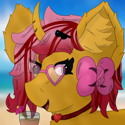 Size: 3000x3000 | Tagged: safe, artist:spiroudada, oc, oc only, oc:dolly hooves, pony, unicorn, alcohol, beach, bow, bust, cocktail, cute, drink, glasses, high res, portrait, profile picture, smiling, summer