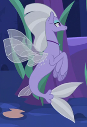 Size: 290x425 | Tagged: safe, screencap, lavender breeze, seapony (g4), g4, surf and/or turf, cropped, dorsal fin, eyelashes, eyeshadow, female, fin, fin wings, fins, fish tail, flowing mane, flowing tail, jewelry, lidded eyes, makeup, necklace, ocean, purple eyes, scales, seaquestria, seashell, seaweed, smiling, solo, swimming, tail, tail fin, underwater, water, wings