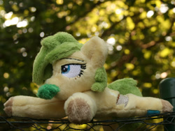 Size: 2260x1695 | Tagged: safe, artist:bastler, oc, oc only, oc:nettle vienna, earth pony, pony, female, irl, leaves, mare, photo, plushie, solo