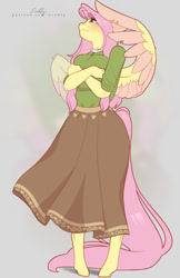 Size: 713x1100 | Tagged: safe, alternate version, artist:evehly, fluttershy, pegasus, anthro, unguligrade anthro, g4, big breasts, blushing, breasts, busty fluttershy, clothes, colored wings, crossed arms, female, huge breasts, looking away, solo, two toned wings, wings