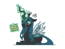 Size: 1800x1350 | Tagged: safe, artist:flutterluv, queen chrysalis, changeling, changeling queen, g4, cheese, cheeselegs, confused, eyebrows, food, lying down, magic, prone, question mark, raised eyebrow, simple background, sliced cheese, solo, telekinesis, transparent background