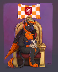 Size: 1920x2363 | Tagged: safe, artist:birdoffnorth, oc, oc only, oc:diellza von katerinburg, griffon, equestria at war mod, chair, crown, flag, griffon oc, jewelry, regalia, signature, skull, solo, throne