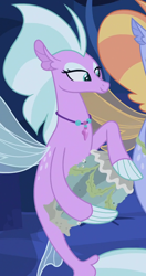 Size: 550x1045 | Tagged: safe, screencap, orchid breeze, wind storm, seapony (g4), g4, surf and/or turf, blue mane, bongos, bubble, cropped, dorsal fin, eyeshadow, female, female focus, fin, fin wings, fins, fish tail, flowing tail, green eyes, jewelry, lidded eyes, makeup, male, musical instrument, necklace, ocean, offscreen character, seaquestria, seashell, seaweed, smiling, solo focus, tail, tail fin, underwater, water, wings