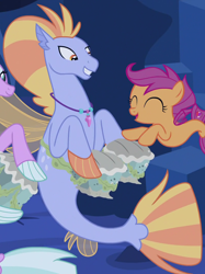 Size: 800x1070 | Tagged: safe, screencap, orchid breeze, scootaloo, wind storm, seapony (g4), g4, surf and/or turf, bongos, bubble, cropped, dorsal fin, eyes closed, female, fin, fin wings, fins, fish tail, flowing mane, flowing tail, grin, jewelry, lidded eyes, male, musical instrument, necklace, ocean, offscreen character, open mouth, open smile, seaponified, seapony scootaloo, seaquestria, smiling, species swap, swimming, tail, tail fin, underwater, water, wings