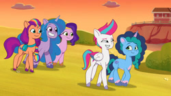 Size: 3072x1727 | Tagged: safe, screencap, izzy moonbow, misty brightdawn, pipp petals, sunny starscout, zipp storm, earth pony, pegasus, pony, unicorn, as the misty clears, g5, my little pony: tell your tale, spoiler:g5, spoiler:my little pony: tell your tale, spoiler:tyts01e53, fake cutie mark, female, grin, mane stripe sunny, mare, royal sisters (g5), siblings, sisters, smiling