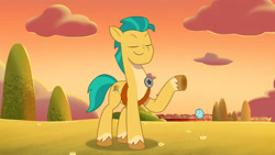 Size: 3072x1727 | Tagged: safe, screencap, hitch trailblazer, earth pony, pony, as the misty clears, g5, my little pony: tell your tale, spoiler:g5, spoiler:my little pony: tell your tale, spoiler:tyts01e53, eyes closed, littering, male, smiling, smirk, solo, stallion