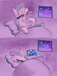 Size: 3000x4000 | Tagged: safe, artist:ja0822ck, nightmare moon, oc, alicorn, pony, g4, 2 panel comic, bed, comic, in bed, night, photo, sleeping, sleepy, solo, yawn