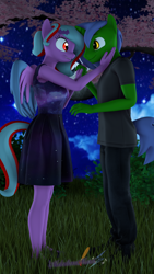 Size: 2160x3840 | Tagged: safe, artist:melodismol, oc, oc only, oc:omega(phosphorshy), oc:star beats, pegasus, unicorn, anthro, 3d, bush, cloud, duo, grass, high res, holding hands, looking at each other, looking at someone, looking into each others eyes, melodiphosphor, night, oc x oc, shipping, source filmmaker, stars, tree