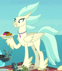 Size: 610x700 | Tagged: safe, screencap, coral sunburst, misty shores, morning horizon, classical hippogriff, hippogriff, g4, surf and/or turf, beak, bowl, cookie, cropped, feathered fetlocks, female, female focus, folded wings, food, grin, offscreen character, outdoors, picnic, plate, smiling, solo focus, tail, trio, water, wings