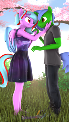 Size: 2160x3840 | Tagged: safe, alternate version, artist:melodismol, oc, oc only, oc:omega(phosphorshy), oc:star beats, pegasus, unicorn, anthro, 3d, bush, cloud, day, duo, grass, high res, holding hands, looking at each other, looking at someone, looking into each others eyes, melodiphosphor, oc x oc, shipping, source filmmaker, sunlight, tree