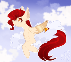 Size: 1986x1734 | Tagged: safe, artist:ezzerie, oc, oc only, oc:dusk feather, pegasus, pony, cloud, colored wings, female, giveaway result, lying on clouds, mare, on a cloud, pegasus oc, raffle, solo, two toned wings, wings