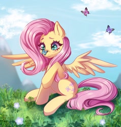 Size: 1750x1837 | Tagged: safe, artist:in4ri_, fluttershy, butterfly, pegasus, pony, g4, blushing, butterfly on nose, cute, female, flower, grass, insect on nose, looking at something, mare, outdoors, raised hoof, shyabetes, sitting, smiling, solo, spread wings, wings