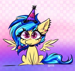 Size: 1534x1463 | Tagged: safe, artist:in4ri_, oc, oc only, oc:koa, pegasus, pony, female, gradient background, hat, party hat, party horn, pegasus oc, solo