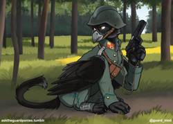 Size: 2450x1750 | Tagged: safe, artist:guard-mod, oc, griffon, black coat, brown eyes, clothes, detailed background, epaulettes, feline tail, female, forest background, grass, griffon oc, gun, handgun, helmet, military uniform, pistol, soldier, solo, uniform, weapon