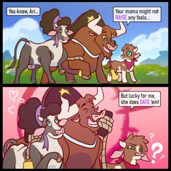 Size: 1000x1000 | Tagged: safe, artist:tfhtrivia, arizona (tfh), minnesota (tfh), texas (tfh), bull, cow, them's fightin' herds, 2 panel comic, 2koma, cloven hooves, comic, community related, confused, cute, dialogue, female, husband and wife, male, parent and child, question mark, trio, udder