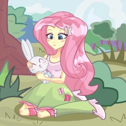 Size: 1000x1000 | Tagged: safe, artist:naelikes2meow, angel bunny, fluttershy, human, rabbit, equestria girls, g4, animal, clothes, female, outdoors, skirt, solo