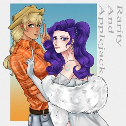 Size: 1500x1500 | Tagged: safe, artist:jtynnod, applejack, rarity, human, g4, duo, duo female, ear piercing, eyebrows, eyebrows visible through hair, female, humanized, lesbian, looking at you, open mouth, open smile, piercing, raised finger, ship:rarijack, shipping, smiling, smiling at you