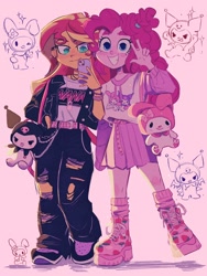 Size: 1536x2048 | Tagged: safe, artist:dreamz, pinkie pie, sunset shimmer, human, rabbit, equestria girls, g4, animal, blush sticker, blushing, cellphone, clothes, duo, duo female, ear piercing, eyebrows, female, harajuku, kuromi, looking at you, my melody, pants, peace sign, phone, piercing, pink background, platform boots, ripped pants, sanrio, shadow, simple background, smiling, smiling at you, sparkles, torn clothes