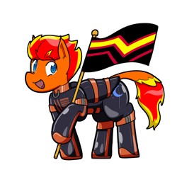 Size: 736x736 | Tagged: safe, artist:defilerzero, oc, oc only, oc:fireheart(fire), pony, commission, fireheart76's latex suit design, flag, latex, latex suit, pride, pride month, prisoners of the moon, rubber, rubber suit, simple background, solo, transparent background, ych result