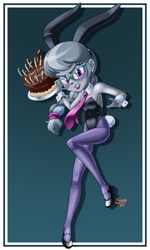 Size: 900x1500 | Tagged: safe, artist:shaxbert, silver spoon, human, equestria girls, g4, birthday cake, bunny ears, bunny suit, cake, choker, clothes, cuffs (clothes), food, glasses, gradient background, high heels, leotard, lipstick, older, older silver spoon, shoes, solo