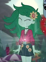 Size: 498x681 | Tagged: safe, screencap, wallflower blush, human, equestria girls, g4, let it rain, my little pony equestria girls: better together, ^^, clothes, collar, cropped, cute, eyes closed, flower, flower in hair, flowerbetes, hairpin, music festival outfit, pants, sun