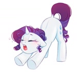 Size: 1115x1047 | Tagged: safe, artist:melodylibris, rarity, pony, unicorn, behaving like a cat, blushing, dock, eyes closed, face down ass up, female, mare, open mouth, simple background, solo, stretching, tail, teary eyes, white background, yawn
