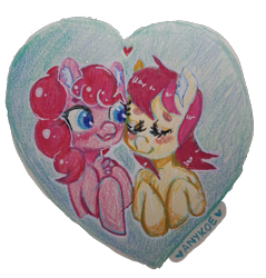 Size: 867x908 | Tagged: safe, artist:anykoe, pinkie pie, roseluck, earth pony, pony, g4, colored pencil drawing, female, heart, lesbian, rosepie, shipping, simple background, traditional art, transparent background