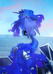 Size: 1920x2694 | Tagged: safe, artist:lusille, princess luna, alicorn, pony, fanfic:сокровища лунного хвоста, g4, :i, blushing, brick wall, ethereal tail, female, looking back, mare, pink floyd, satellite, sitting, sky, solo, star wars, starfighter, tail, tie fighter