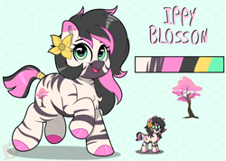 Size: 2420x1720 | Tagged: safe, artist:joaothejohn, oc, oc only, oc:ippy blossom, pony, zebra, pony town, adoptable, chest fluff, cute, female, flower, looking up, reference sheet, simple background, solo, walking, zebra oc