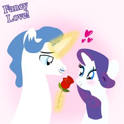 Size: 1400x1400 | Tagged: safe, artist:mlplary6, fancypants, rarity, pony, unicorn, g4, blushing, boyfriend and girlfriend, duo, female, flower, looking at each other, looking at someone, love, magic, magic aura, male, mare, romantic, rose, ship:raripants, shipping, smiling, smiling at each other, stallion, straight, text