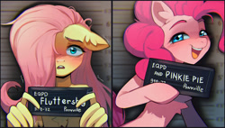 Size: 1280x726 | Tagged: safe, artist:astralblues, fluttershy, pinkie pie, earth pony, pegasus, pony, g4, barbie, barbie (film), barbie mugshot meme, duo, floppy ears, meme, mugshot, wing hands, wing hold, wings