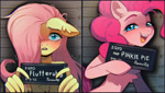 Size: 1280x726 | Tagged: safe, artist:astralblues, fluttershy, pinkie pie, pony, barbie mugshot meme, duo, floppy ears, meme, mugshot, wing hands, wing hold, wings