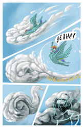 Size: 2000x3092 | Tagged: safe, artist:seventozen, rainbow dash, pegasus, pony, comic:the problem of parthus, g4, cloud, comic, flying, high res, lightning, solo