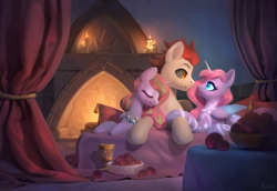 Size: 2000x1379 | Tagged: safe, artist:asimos, oc, oc only, alicorn, pony, alicorn oc, beautiful, bed, black sclera, candle, fire, fireplace, horn, trio, wings