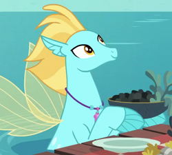Size: 455x410 | Tagged: safe, screencap, morning horizon, seapony (g4), g4, surf and/or turf, bowl, cropped, female, fin wings, fins, food, jewelry, looking up, necklace, ocean, outdoors, partially submerged, plate, smiling, solo, water, wings