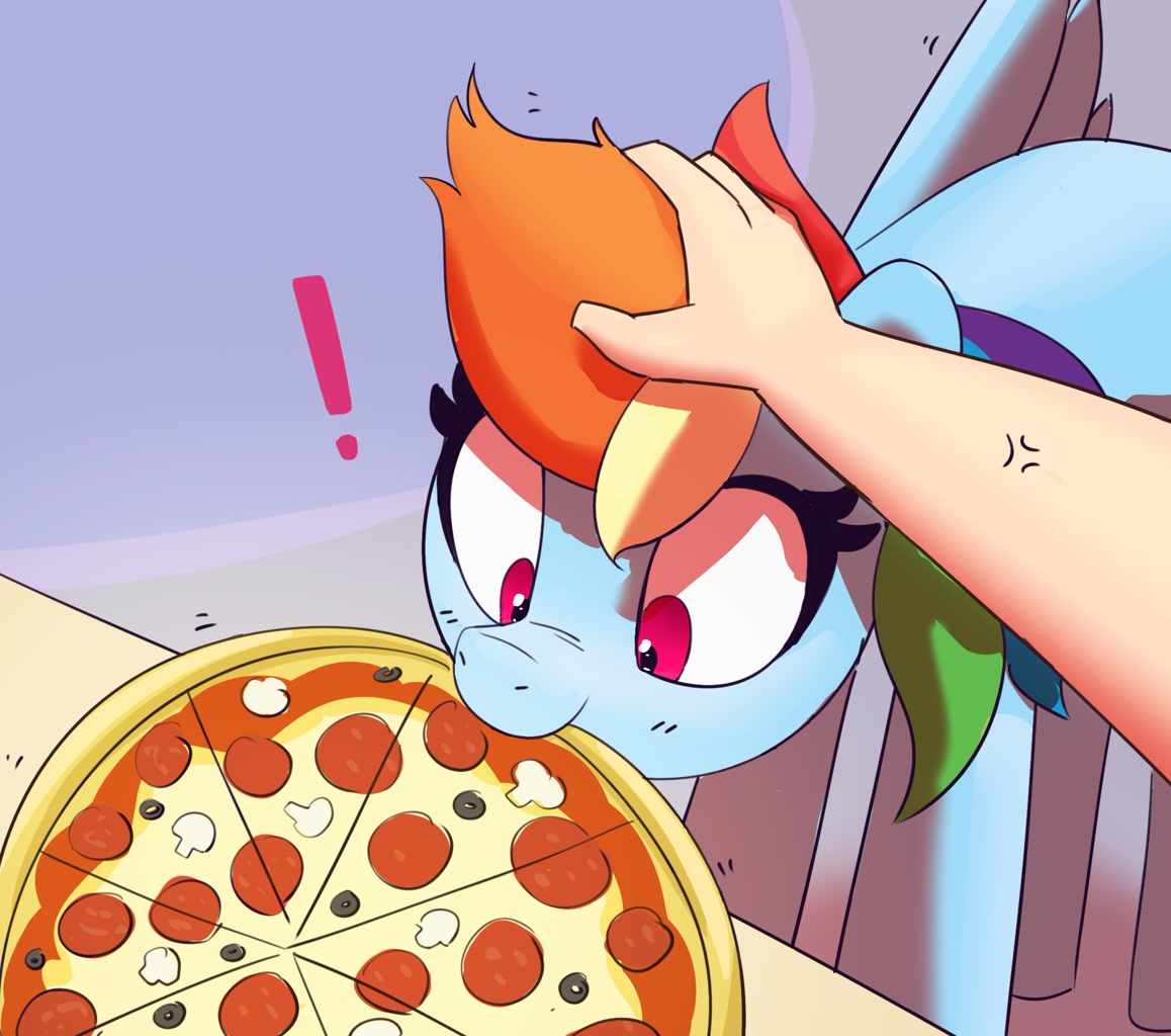[eating,food,funny,human,meat,mouth hold,nom,pegasus,pizza,pony,pony pet,pov,rainbow dash,safe,solo focus,pepperoni,ponies eating meat,exclamation point,cross-popping veins,behaving like a dog,pepperoni pizza,offscreen character,emanata,artist:pabbley,that pony sure does love pizza]