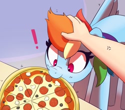 Size: 2000x1769 | Tagged: safe, artist:pabbley, rainbow dash, human, pegasus, pony, g4, behaving like a dog, cross-popping veins, eating, emanata, exclamation point, food, funny, meat, mouth hold, mushrooms, nom, offscreen character, olive, pepperoni, pepperoni pizza, pizza, ponies eating meat, pony pet, pov, solo focus, that pony sure does love pizza